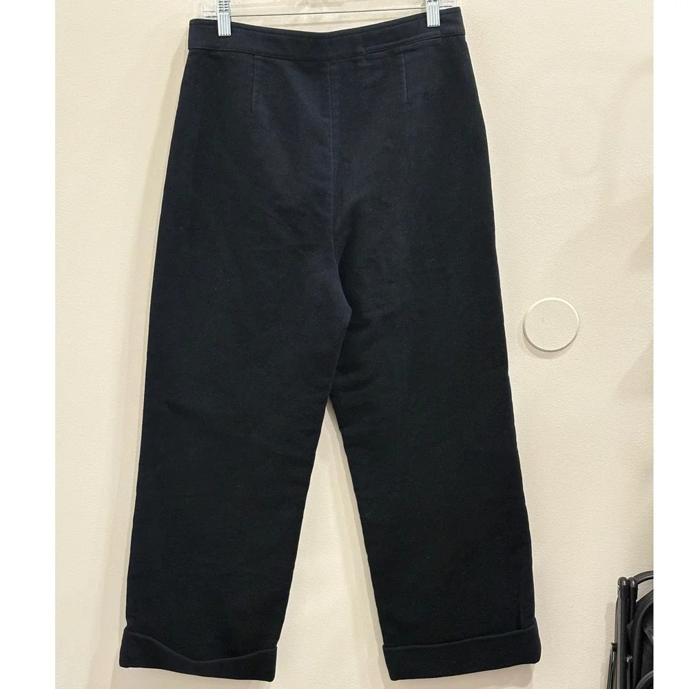 Tory Burch Black Moleskin Cotton Sailor Pants Wide Leg Cuffed 8 Minimal Preppy